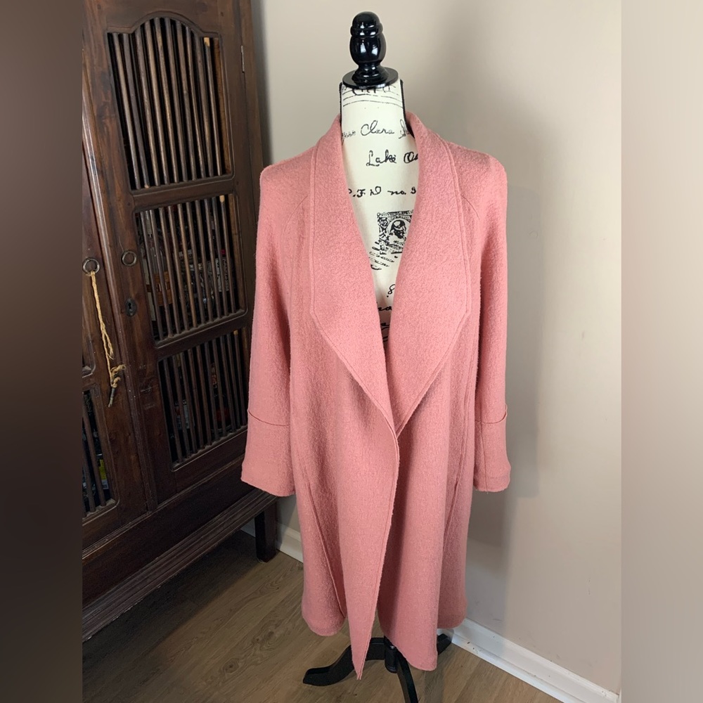 Tahari Pink Wool Blend Long Open Front Duster Coat Medium